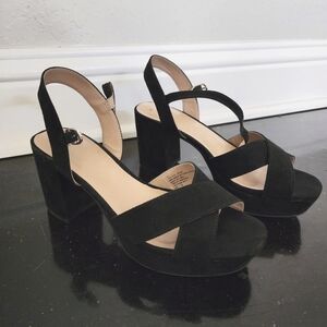 Black Faux Suede Block Heel Platform Sandals Slingback Size 6